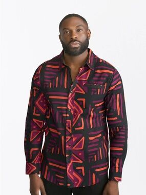 Men's Black Geometric Print Long-Sleeve Button-Down Shirt